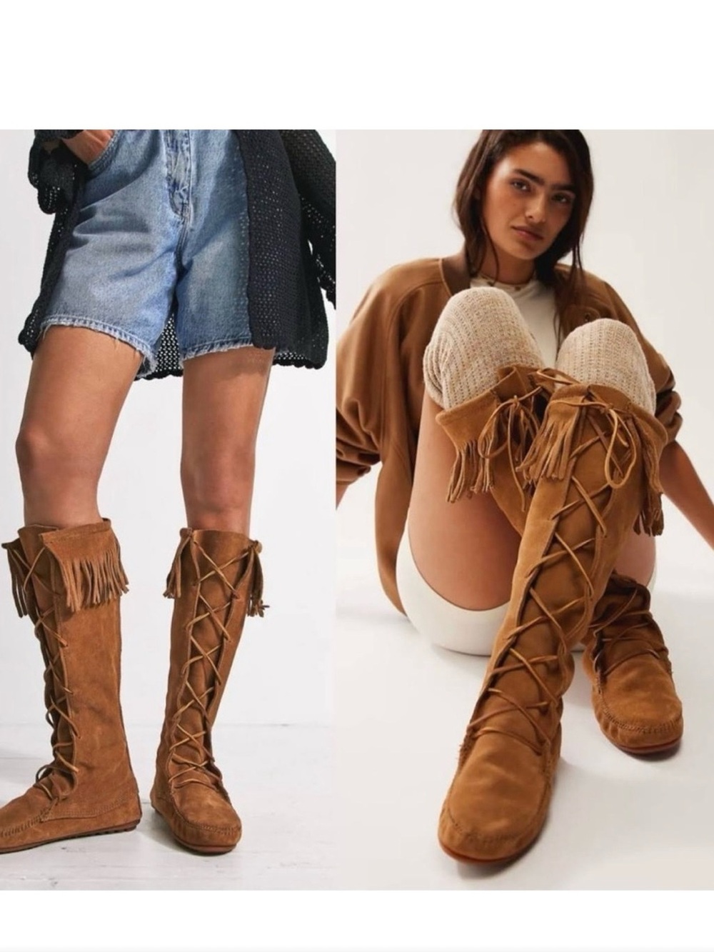 Minnetonka Tan Fringe Lace-Up Knee Boots